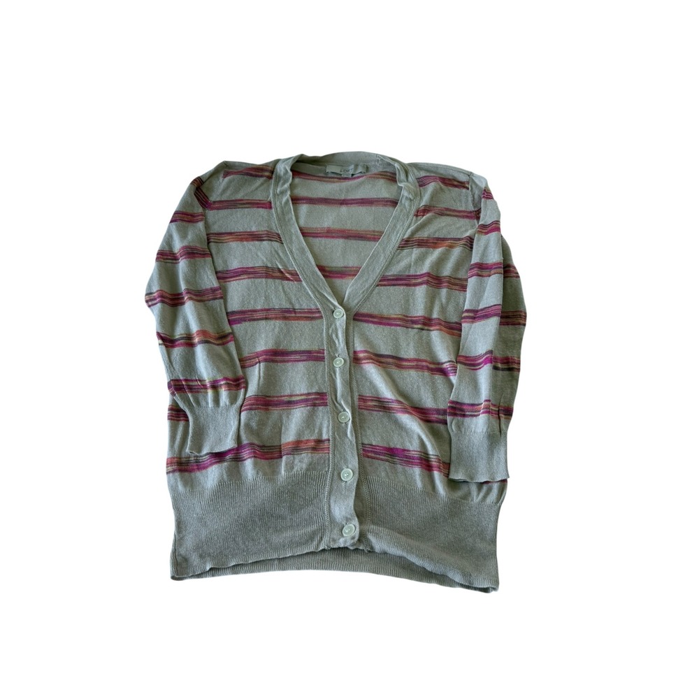 Ann Taylor LOFT Women Tan Pink Striped V-Neck Button Front Cardigan Sweater M